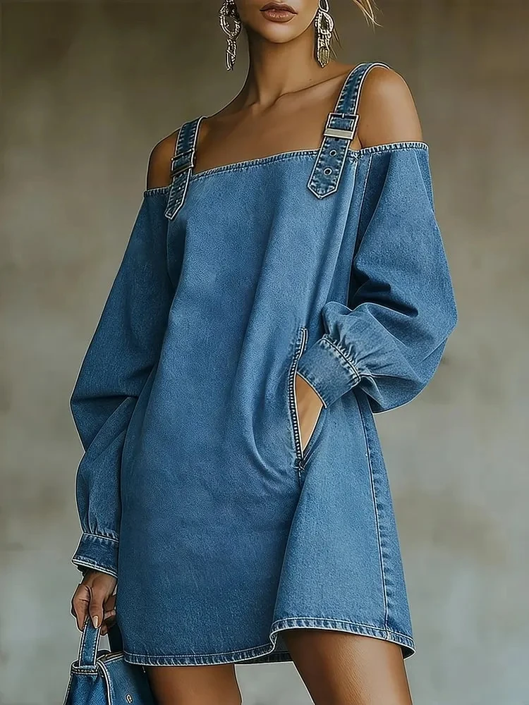 

Denim Women's Off Shoulder Mini Dress Woman Buckle Strap Lantern Sleeve Dress Fashion Long Sleeve Pocket Loose Straight Dress