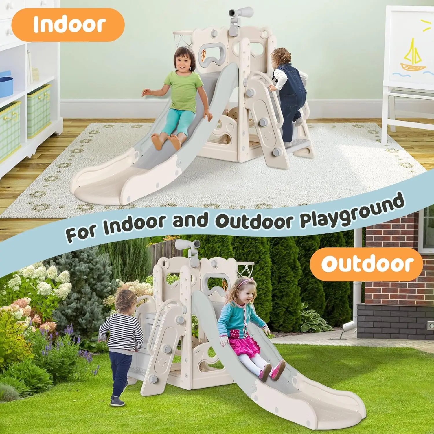 Toddler Slide, 6 in 1 Kids Indoor Slide for Toddlers 1-3, Baby Slide for Indoor Outdoor with Basketball Hoop and Telescope, L Sh