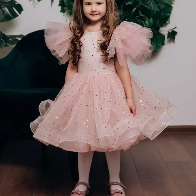 Gwiazda cekinowa sukienka dla dziewczynki z kwiatami wokół szyi V powrót sznurowana księżniczka dziewczynka urodziny pierwsza komunia suknia ślubna