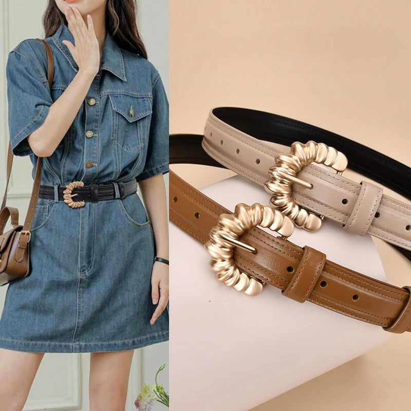 

Women's Belt Irregular Letter Buckle Simple Waist Belt Made of Genuine Cowhide Korean Version Versatile Luxury Belt