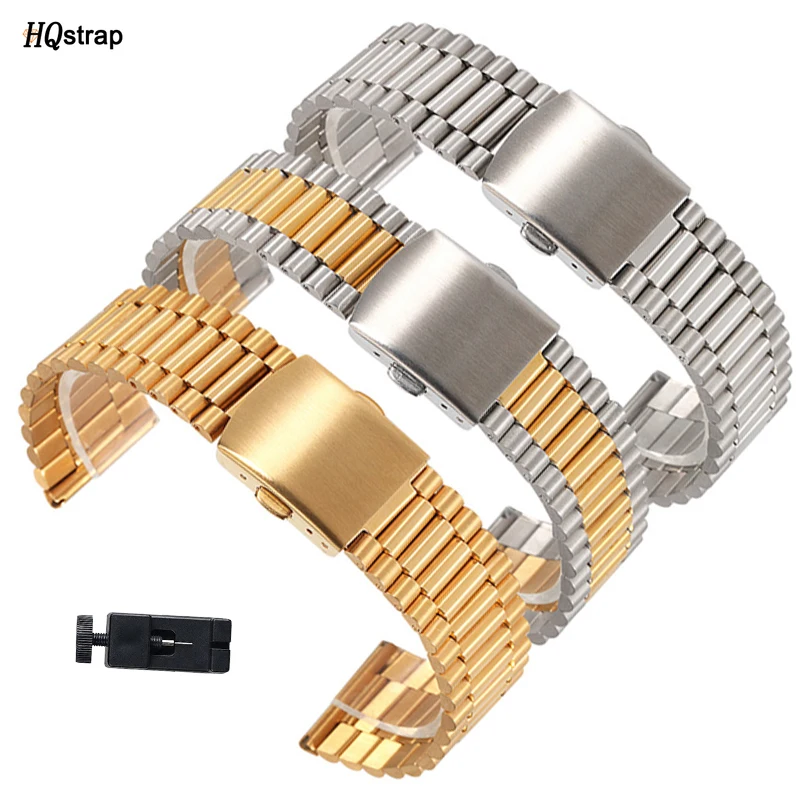 316L Stainless Steel Watch Band 18mm 20mm Double Press Folding Buckle Strap Wrist for Men Women Bracelet Silver Gold Watchband