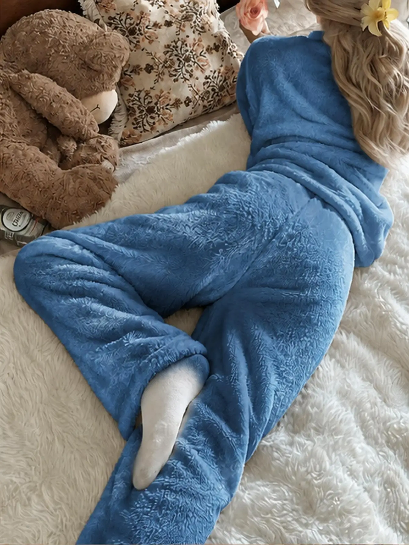 Women Plus Size Coral Fleece Pajama Set Solid Blue Embossed Jacquard Long Sleeve Top & Pants Warm Winter Home Sleepwear