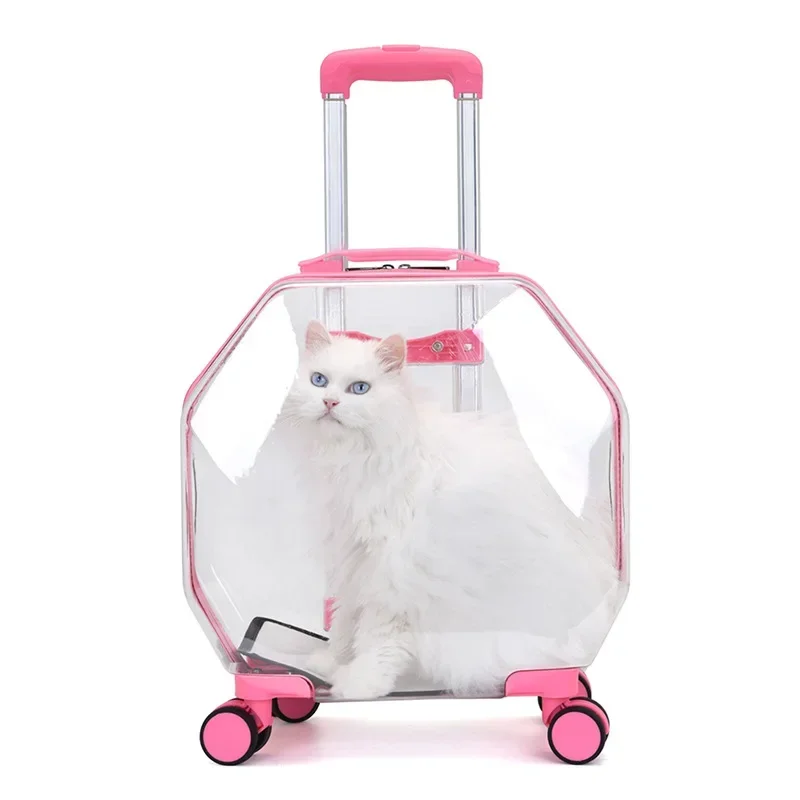 % una mochila portátil para mascotas, bolsa espacial para gatos, alta capacidad, cuatro ruedas, ventilación transparente, ir de compras, viaje, jaula para gatos, barra de amarre