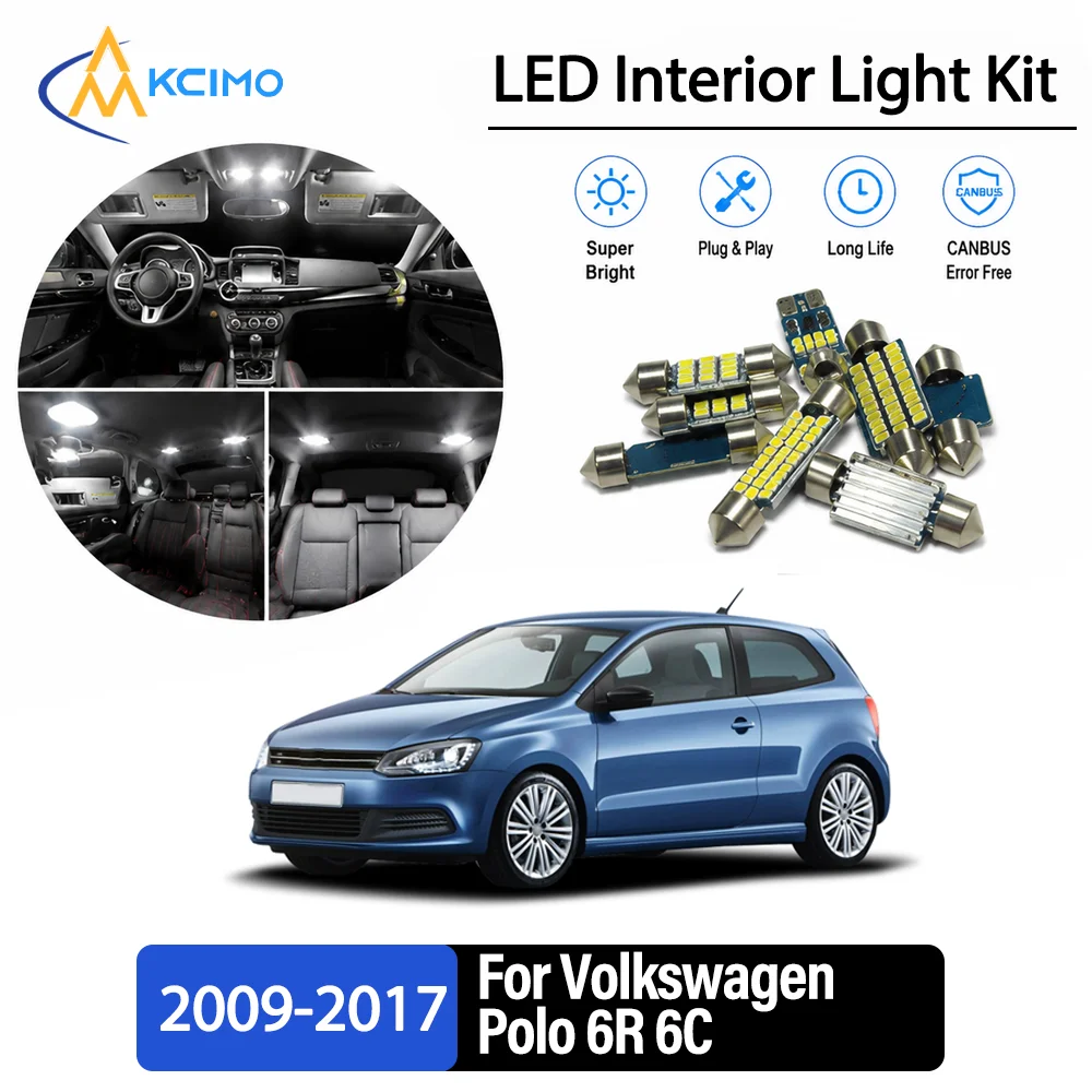 For Volkswagen Polo 6R 6C 2009-2017 Premium No-Wire Continuous Glow Auto Interior LED Bulb Remodel Set Cabin Refit Lamps