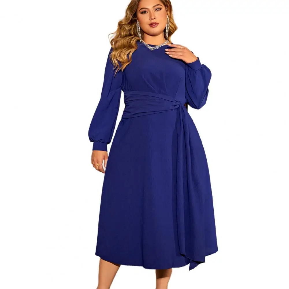 Abito longuette da donna elegante abito longuette con lacci taglie forti con maniche a sbuffo per eventi autunnali primaverili solido a vita alta da donna