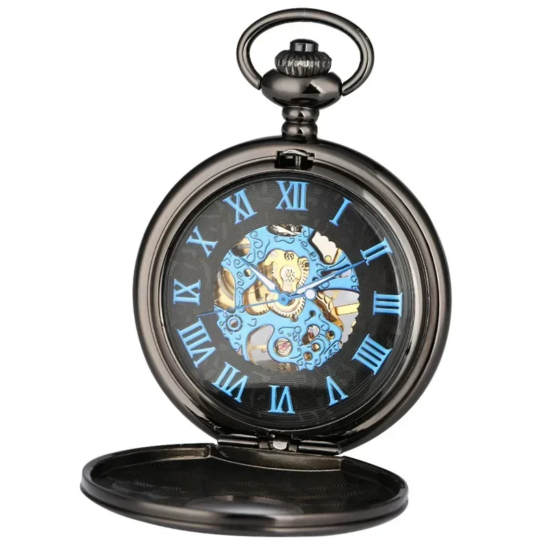 Antique Hollow Case Handwinding Mechanical Pocket Watch for Men Women Skeleton Clock Pendant Chain Roman Number Dial Hour Gift