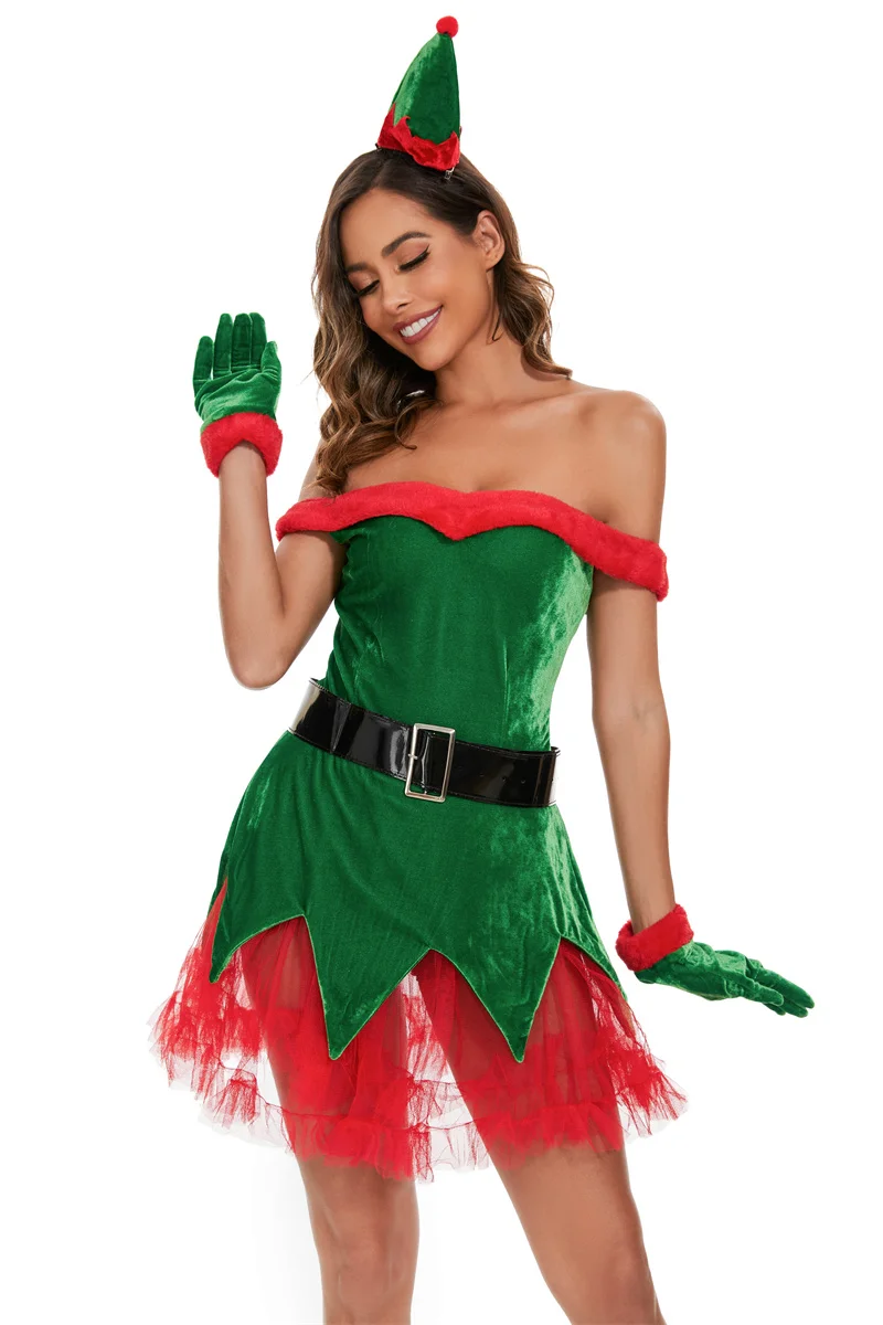 Christmas Santa Red And Green Cosplay Uniform Halloween Carnival Party Costume Stage Performance Strapless Fancy Christmas Dress