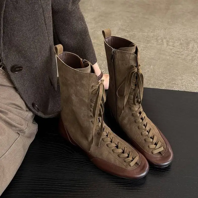 Women Suede Genuine Leather Ankle Boots Round Toe Lace‑Up Patchwork Low Heel Side Zipper Height Increasing Daily Shose F343