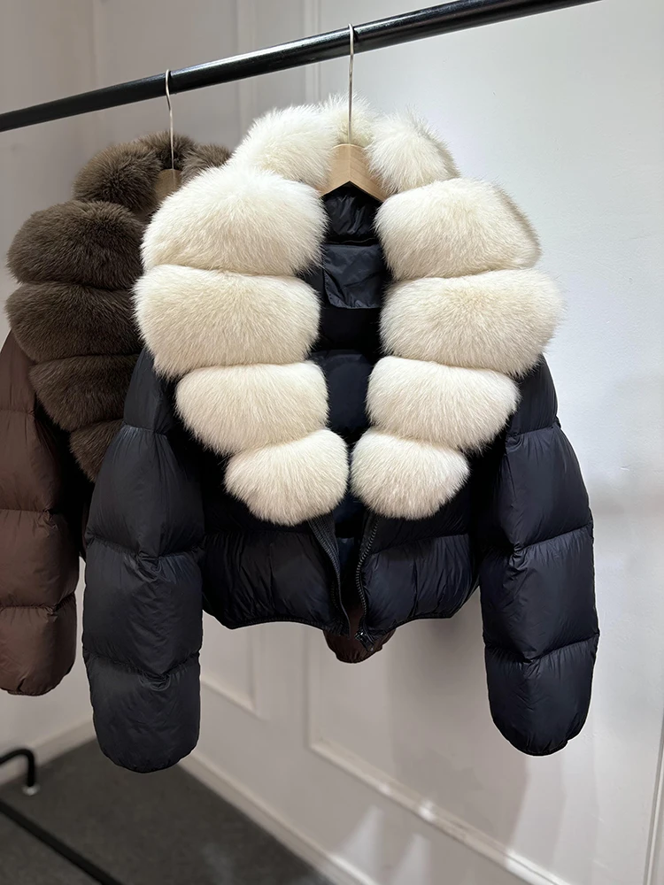 Janveny 2025 New Puffer Jacket Women With Large Natural Fox Fur Collar Short Fluffy Thick Parkas Female 90% White Duck Down Coat
