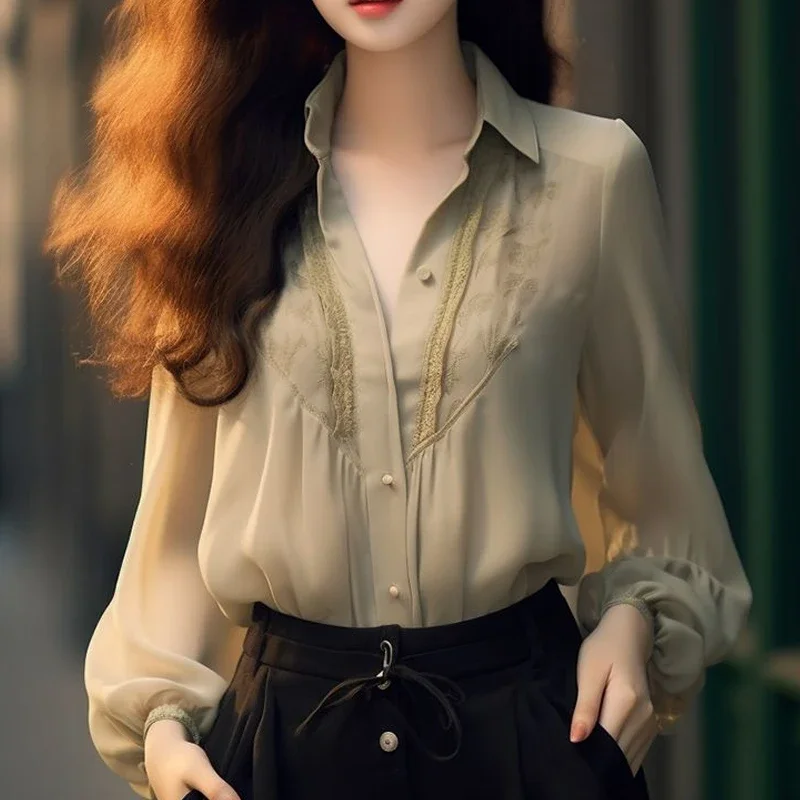 

Весенняя новая однотонная модная рубашка с длинным рукавом, женская уличная элегантная кардиган на пуговицах, кружевная повседневная свободная универсальная блузка