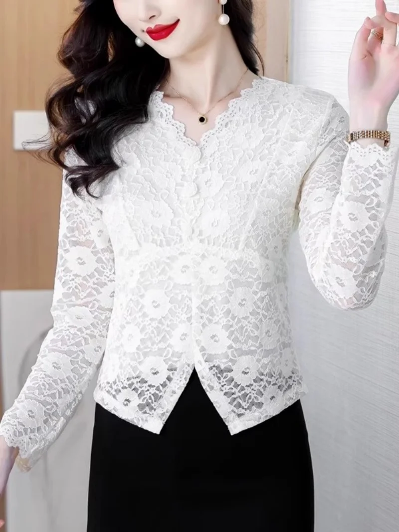 Sexy Spitzenoberteil mit V-Ausschnitt für Damen, langärmlige, ausgehöhlte Bluse – Schlankheitsshirt für alle Jahreszeiten (Frühling, Herbst, Winter) w1693