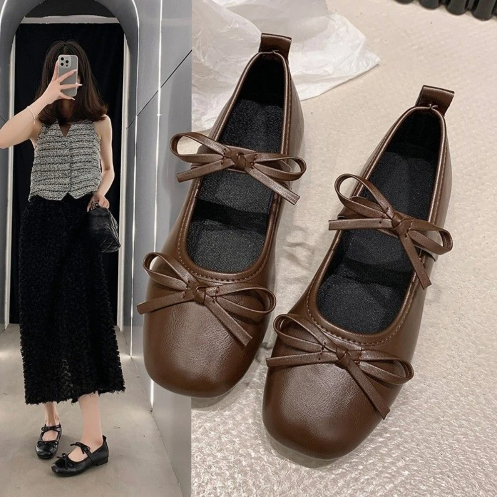 

Breathable Sweet Bowknot Flat Shoes Soft Sole Solid Color Casual Ballet Flats PU Leather Boat Shoes Women