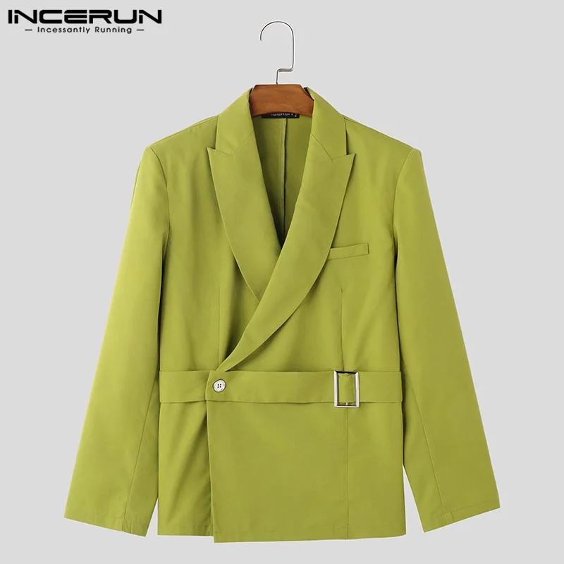 Fashion Well Fitting Tops INCERUN Handsome Men Deconstructive Metal Buckle Suit Coat Casual Streetwear Solid Long Sleeved Blazer