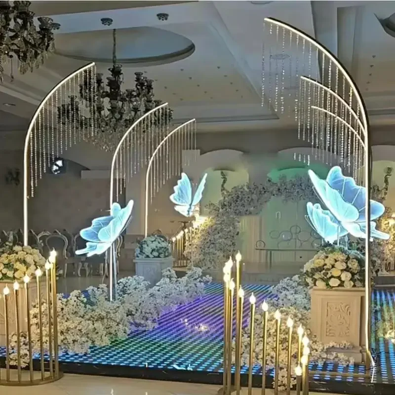 

Wedding Decoration Curved Metal Arch with Crystal Pendant, Outdoor Garden Stage, Party Backdrop Stand, Road Guide Decor Props