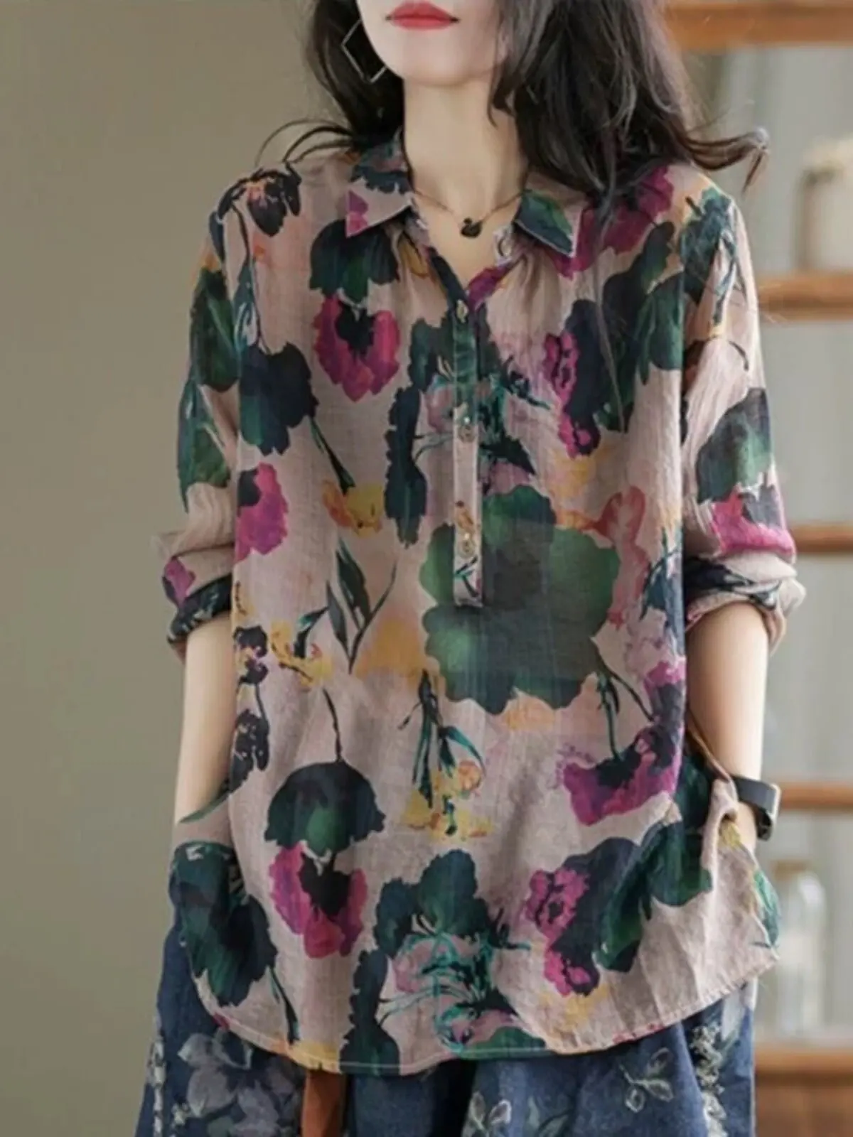 

Loose Long Sve Printed Casual Sle Floral Top Women's plus Size Open Cardigan Comfortable Breathable Cotton Linen Fabric