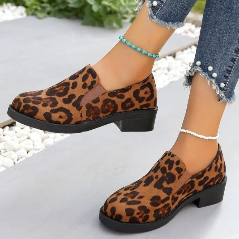 

2025 Ladies Shoes on Offer Sexy Leopard High Heels Women's Loafers Autumn Round Toe Thick Heeled Pumps Women Slip on Casual Shoe