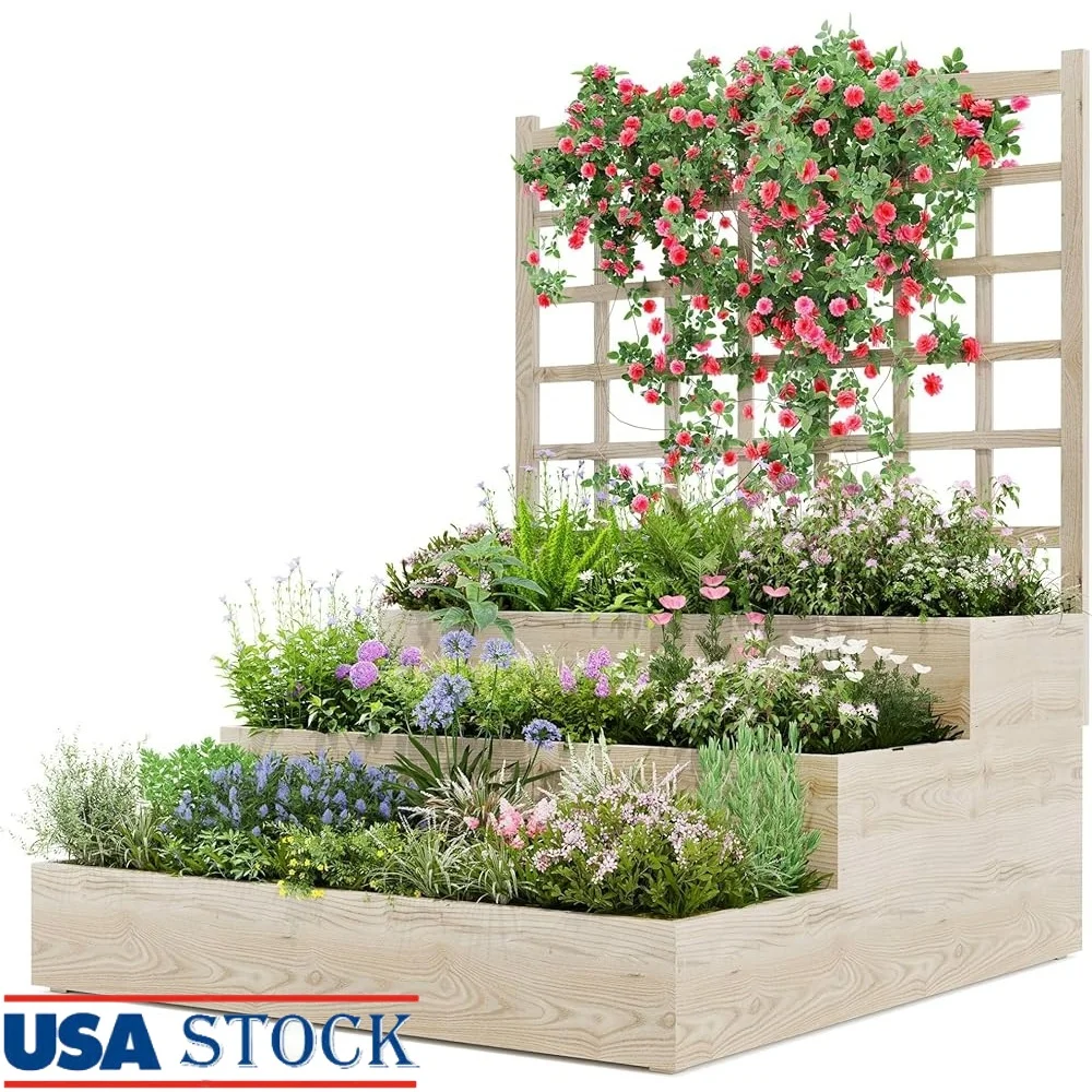 

3 Tier Raised Garden Bed with Trellis Vertical Planters Climbing Plants Herbs Vines Flowers Vegetables Outdoor Garden Growing