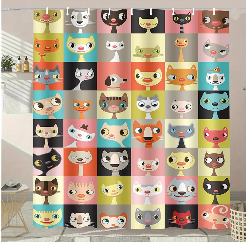 

Полосатая моющаяся грязеотталкивающая занавеска для душа с мультяшным котом, водонепроницаемая полиэстеровая занавеска для душа для домашнего декора