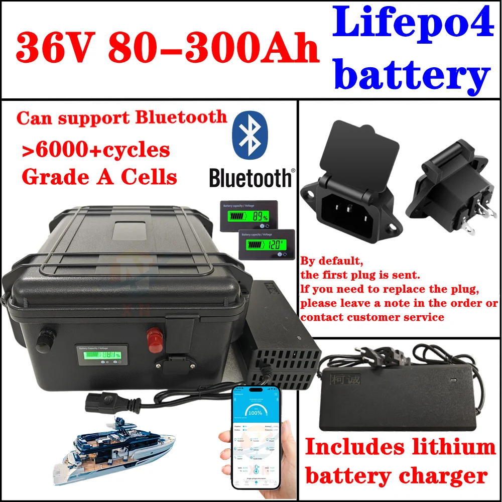 

36V LiFepo4 100Ah 80Ah 120Ah 150Ah 200Ah 300Ah Lithium Battery with Bluetooth BMS for Fishing Boat Propeller Solar System RV