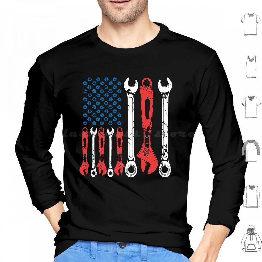 Usa American Flag Mechanic Hoodies Long Sleeve Hourly Rate Saying Quote Joke