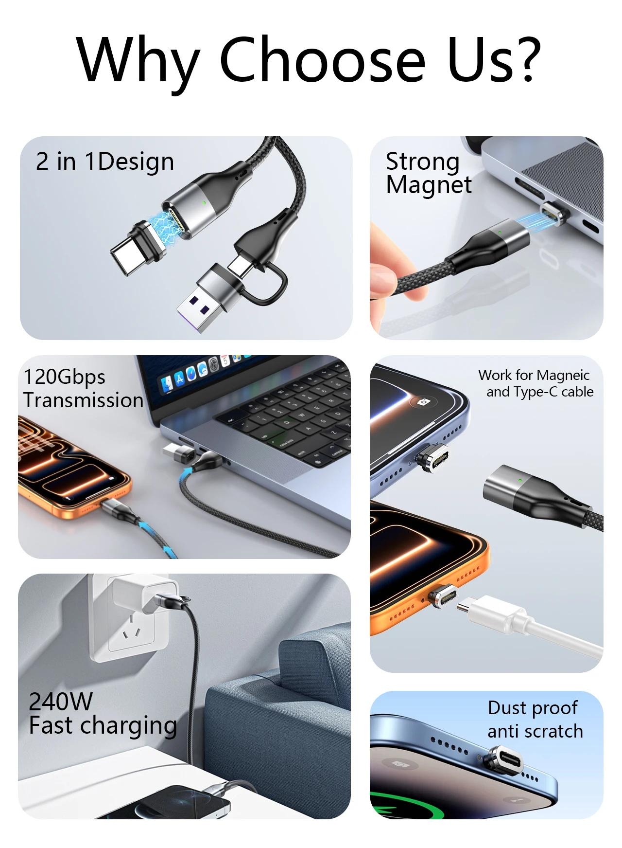PD 240W USB-C Magnetisches Datenkabel USB Typ C Ladekabel 3-in-1 Schnellladegerät USB-C Kabel für iPhone 17 16 15 Huawei Datenkabel – Detail 2