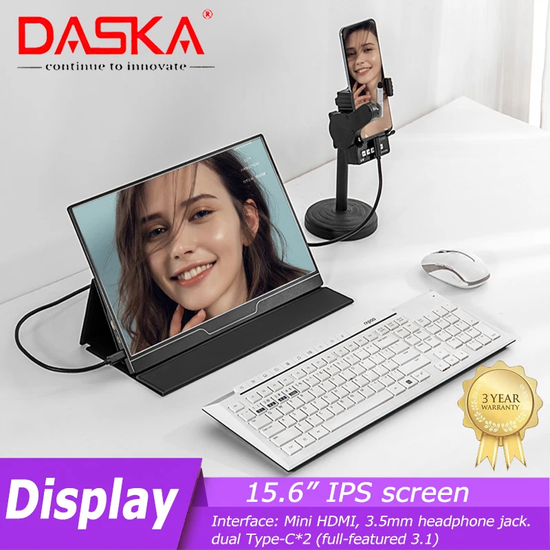 DASKA 15.6 Inch High Brightness Touch Version Portable IPS Monitor Built-in Speaker 1080P USB 3.1 Dual Type-C Suitable For PC Et