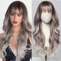 Long Wavy Curly Gray Brown Synthetic Wigs for Women Natural Gray Hair Wigs With Bangs Heat Resistant Fiber Wigs Daily Use Party