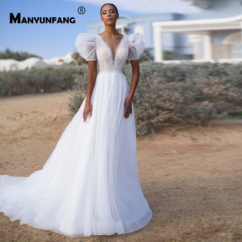 Illusion Robe Mariee Lantern Sleeves Vestidos Blancos Beads Belt Robe Blanche Long Beach Plus Size Wedding Dresses For Bride