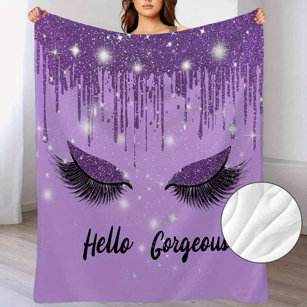 Purple Glitter Drip Eyelash Graphic Throw Blanket Hello Gorgeous Script Print Girly Makeup Motif Indoor Sofa Bedroom Decor Cover