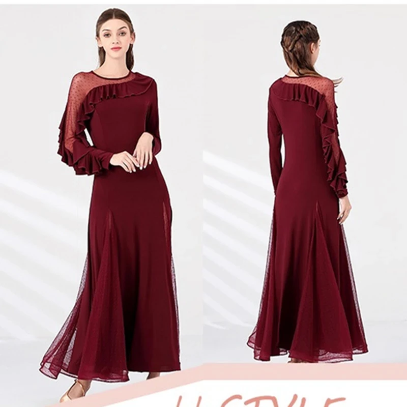 

Lotus Leaf Sleeve Polka Dot Stitching Women Ballroom Dance Dress For Dancing Waltz Dress Rumba Dance Costumes Ball Dress