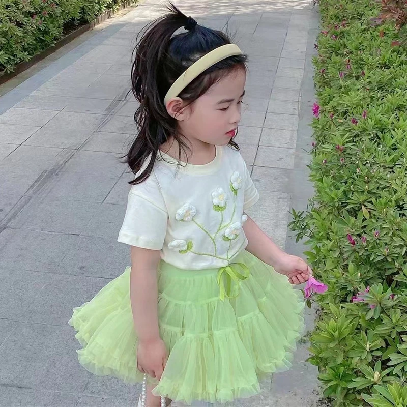 2 3 4 5 6 7 8 Years Girls Clothing Sets Summer Flower Tops And Tutu Skirt Little Princess Baby Suits Birthday Party Kids Clothes