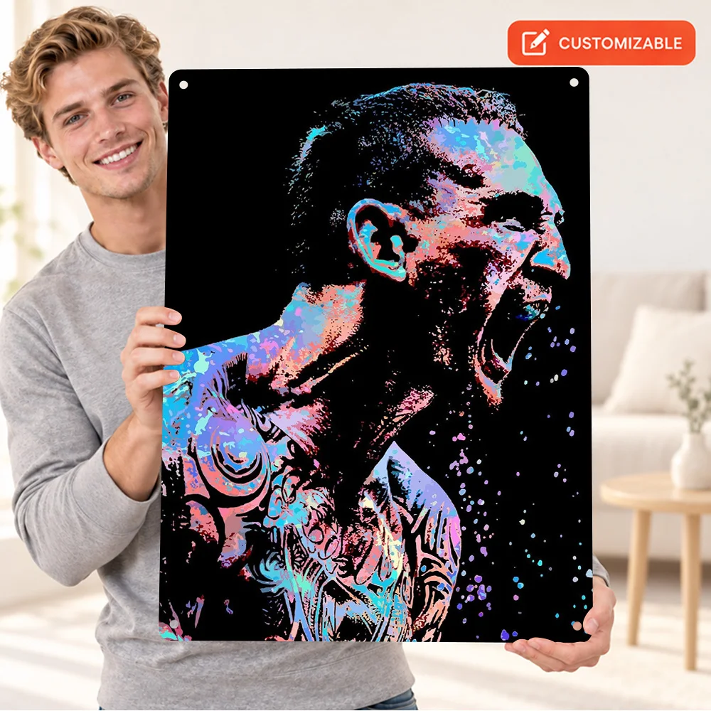 Max Holloway MMA Fighter Printed Poster Customized Aluminum Metal Sign Roaring Red Blue Stencil Graphic Wall Art For Home Gym