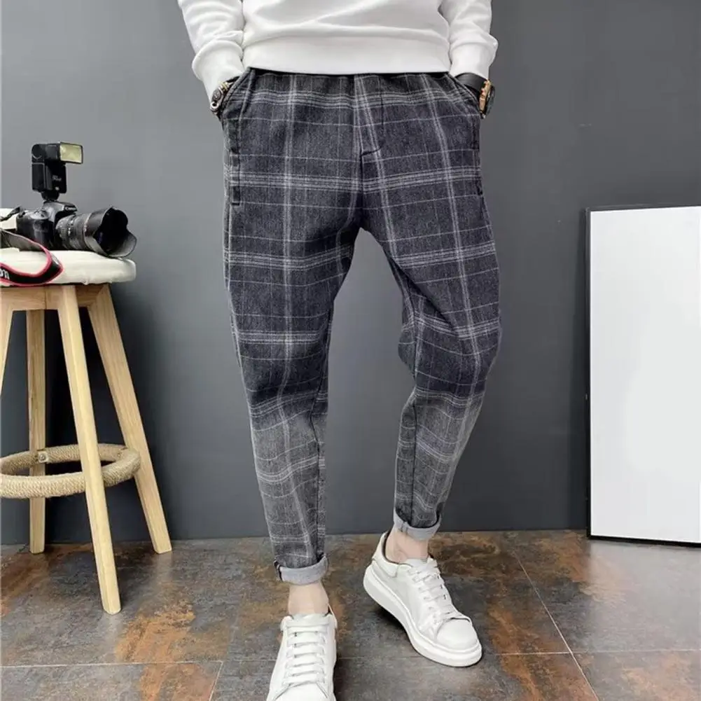 Men's Casual Plaid Print Pants Harem Loose Outdoor Sweatpants Neutral High-quality Soft Long Baggy Trousers Contrast Color