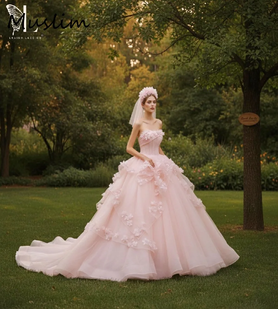 فستان زفاف فيكتوري وردي ساحر مع دانتيل فستان زفاف خيالي براقة متدرج غاتسبي حديقة ريفية فستان عروس 2026