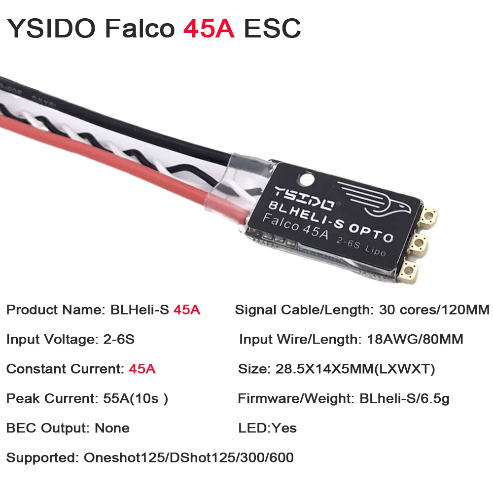 YSIDO Falco 35A 45A BLHeli_S ESC 2-6S Lipo Controller elettronico brushless con supporto luce LED DSHOT125/300/600 per drone