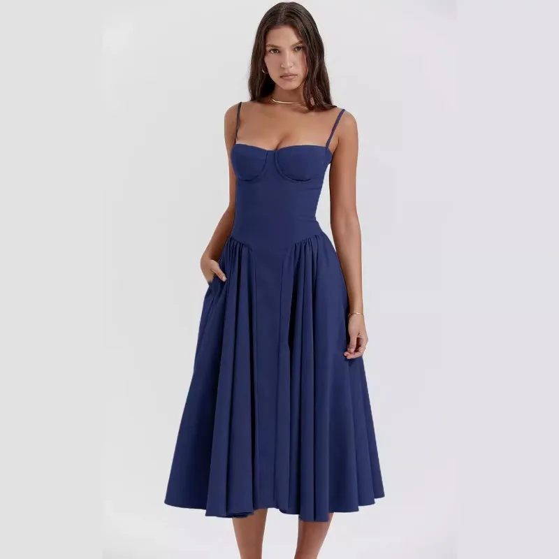 

2024 Spring Summer New Dress Women's Sexy Solid Color Strapless Dress Women's Fashion Spaghetti Strap Backless Pleated Dress