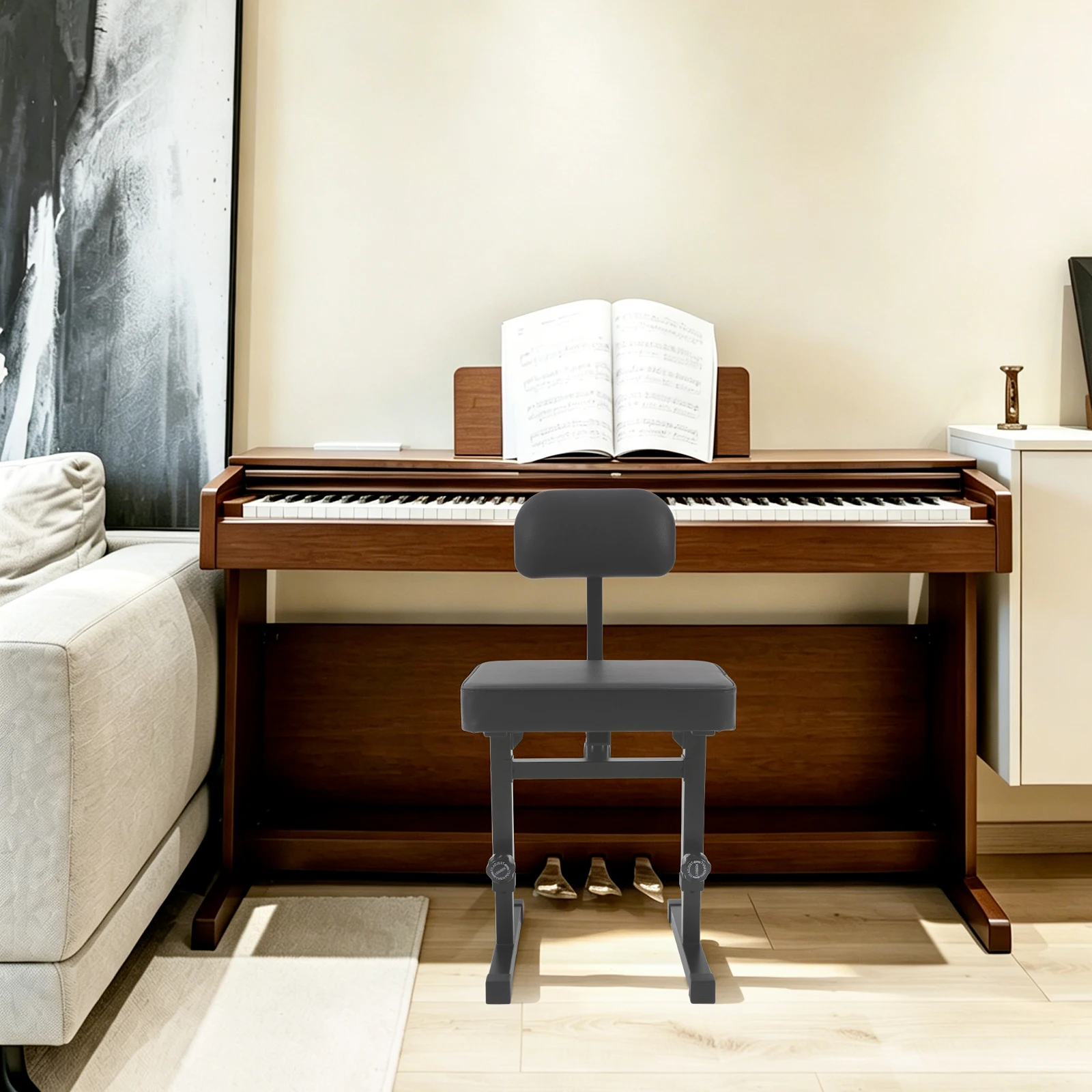5-Level Height Adjustable Keyboard Bench, Metal Piano Stool, Black Piano Chair with Backrest, Suitable for Home, Stage and Multiple Occasions