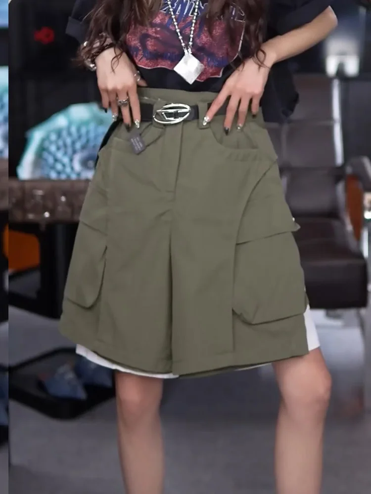 

Retro Style Military Green Wide Leg Short Pants Women's Summer Lazy High Waist Straight Five-Quarter Length Casual Jeans