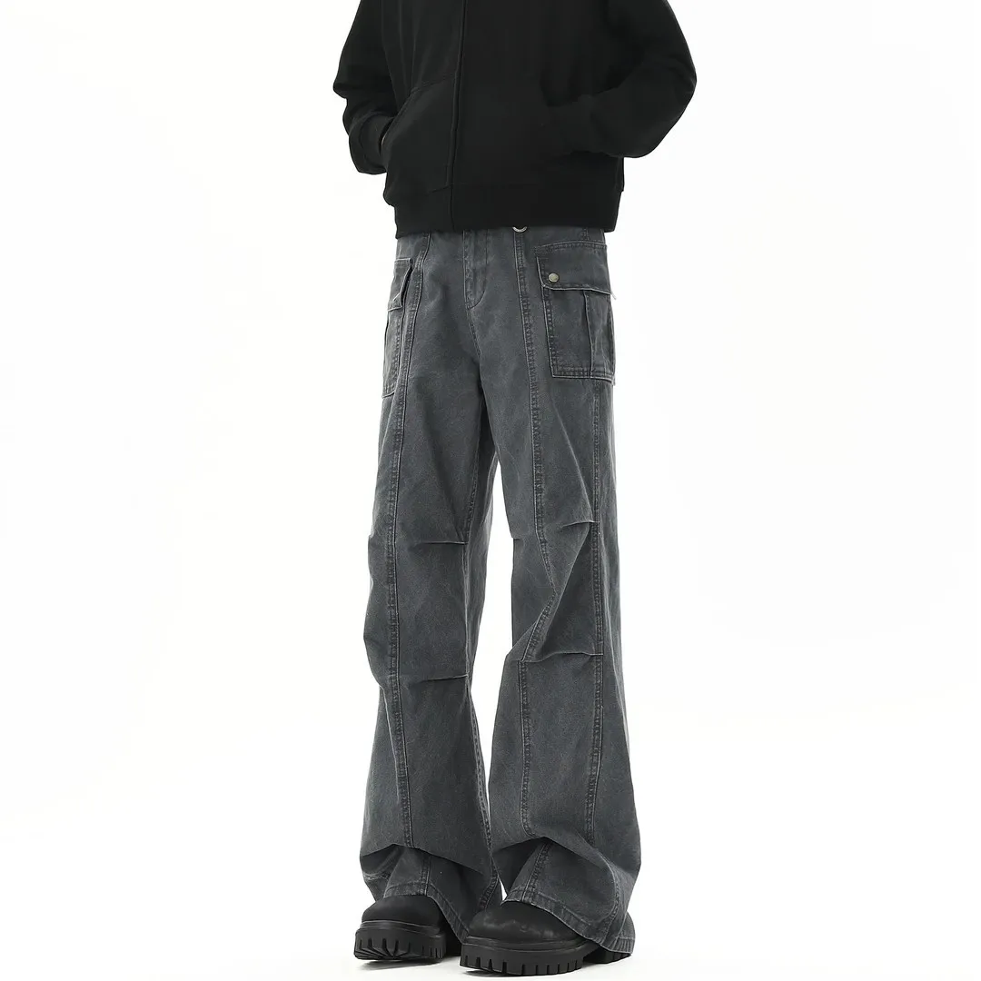 American Retro Washed Distressed Men's Jeans, Spring And Autumn Niche Wrinkled Work Pants, Clean-Fit Slightly Flared Trousers