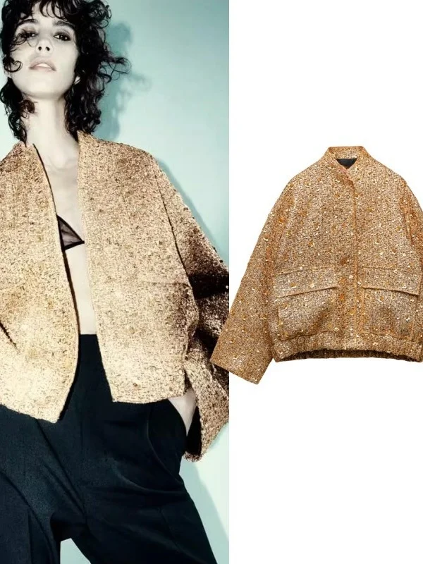 

Women's Pilot Jaet ort Outerwear Bead Decoration Metal Color Tead Embellied Spring Autumn New Sle Faion Ladies' Coat