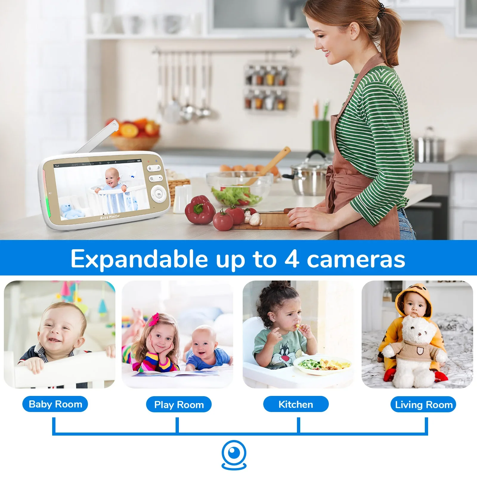 VB803 Baby Monitor With 2pcs Camera 5 Inch 720P Larger Display 3X Zoom Surveillance 2 Way Audio Night Vision Babysitter Camera