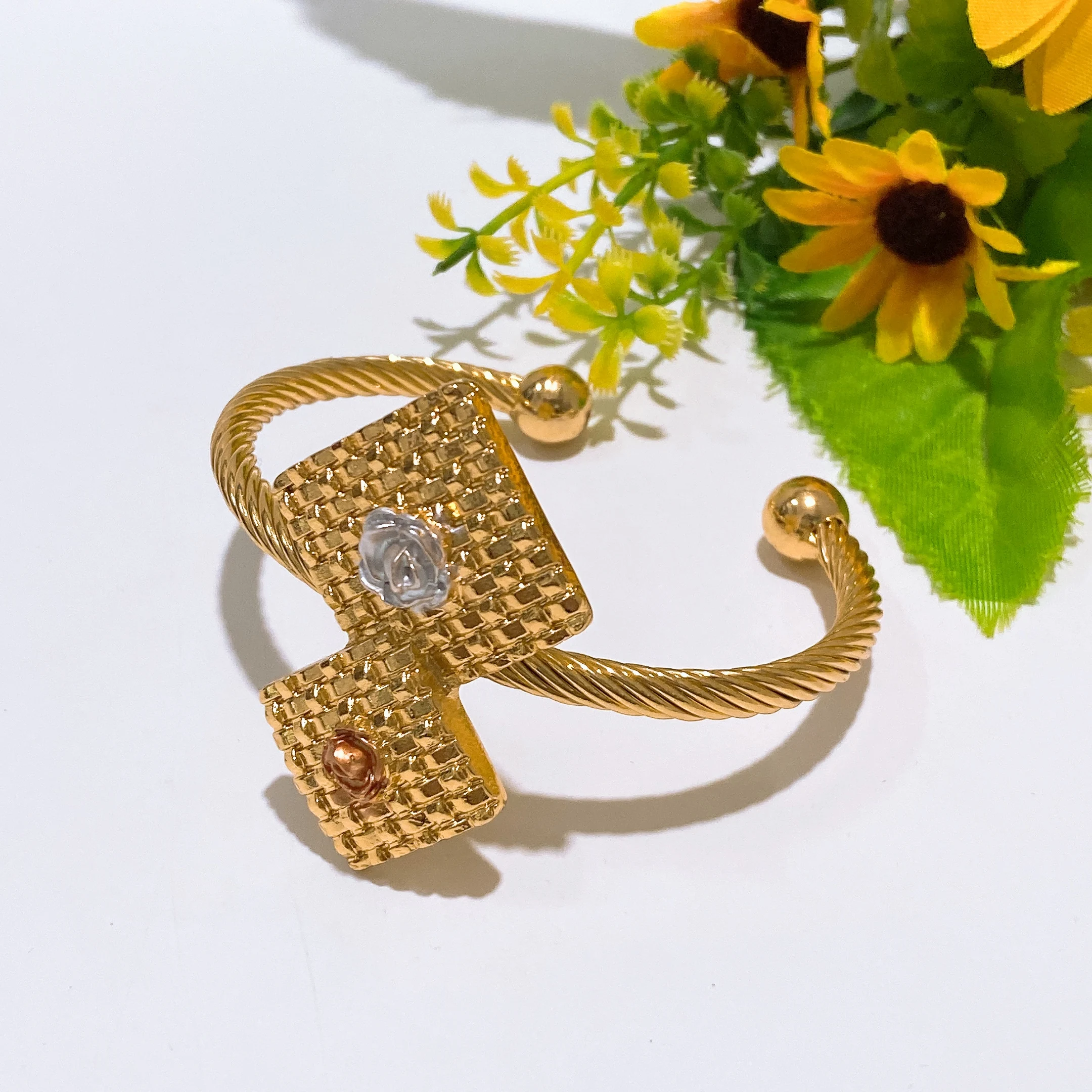 New In Tri-Tone Gold Plated Bow Cuff Bracelet Textured Grid Design with Rose Accents for Bold Statement & Everyday Fashion Wear