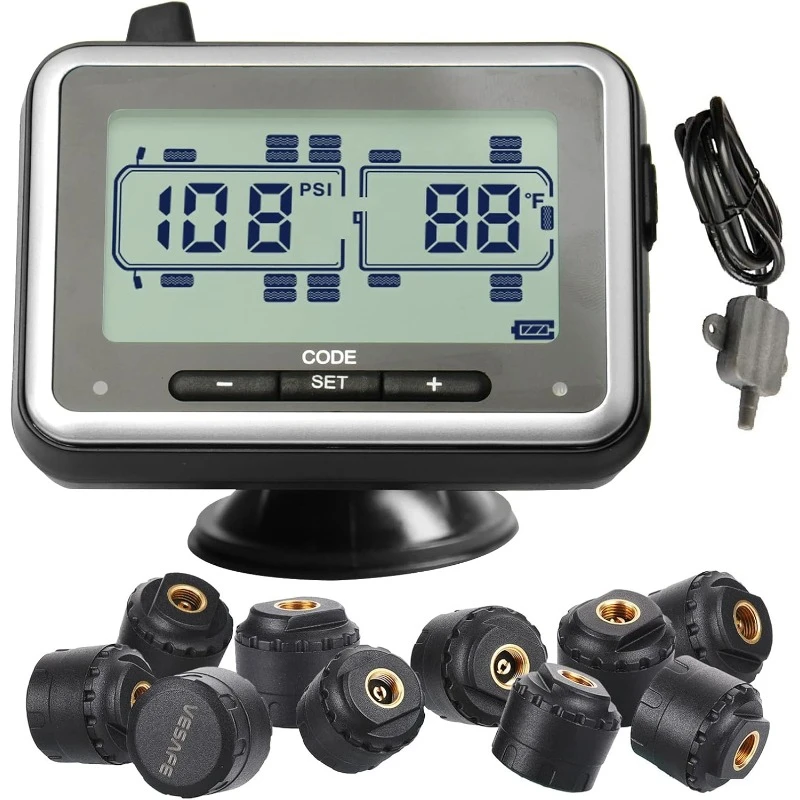 Wireless Tire Pressure Monitoring System for RV, Trailer, Coach,Including a Signal Booster and 10 Anti-Theft sensors.