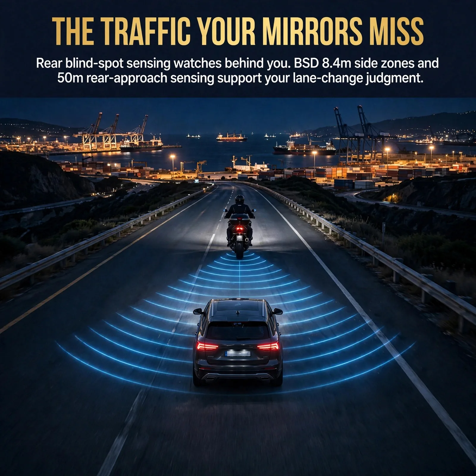 TCHBSD77G01 Midnight Harbor Edition: 77GHz Millimeter-Wave Rear Radar for Motorcycles, Blind Spot + Lane Change Alerts, up to 70