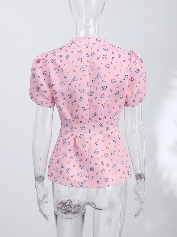 Bedruckte Kurzarm-Jacke mit Taillenschnürung für Damen, Eleganter Stehkragen, Einreihig mit Rüschen, Schlanke Passform, Neue Oberbekleidung – Detail 5