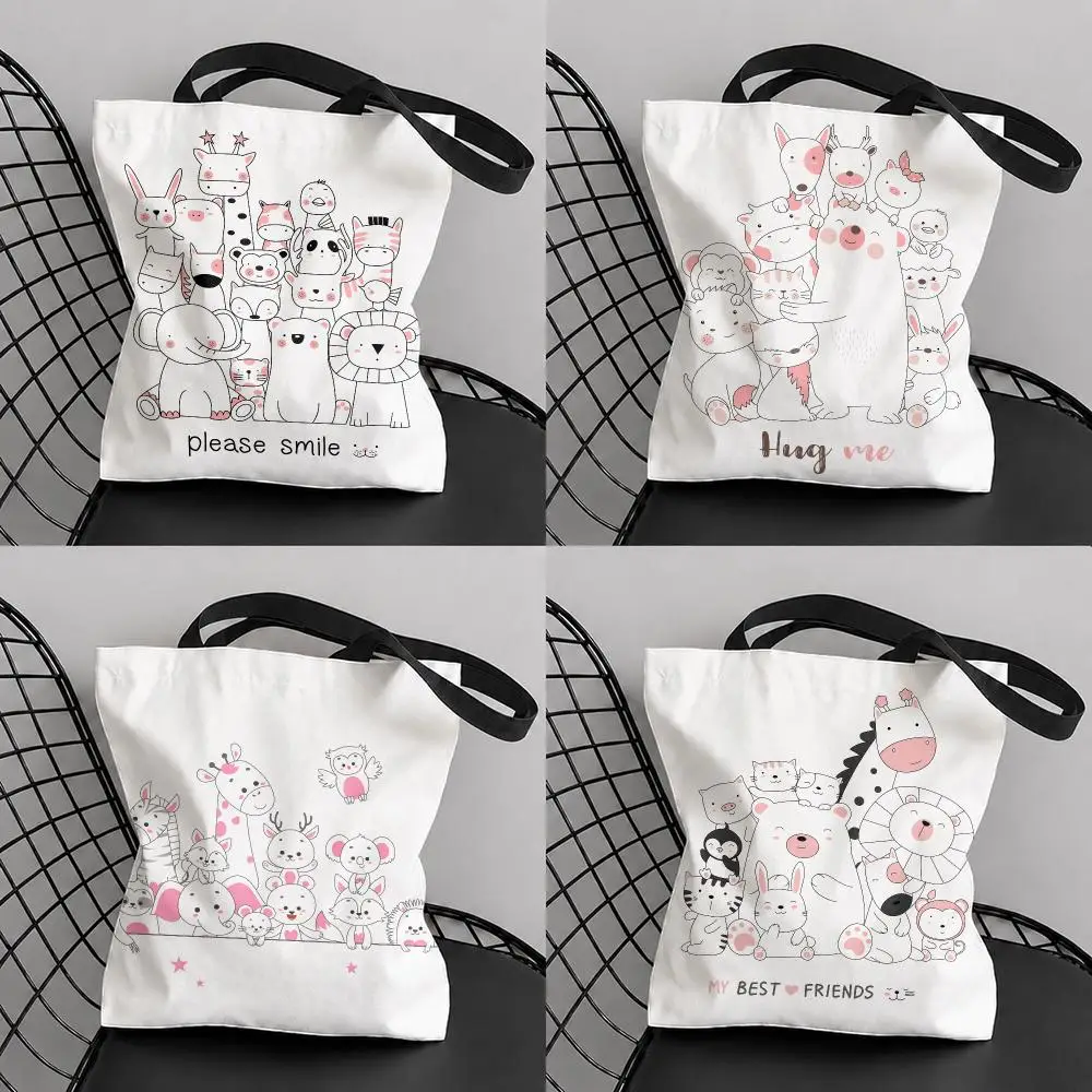 Cartoon Cute Animals Storage Bags Large Capacity Canvas Tote Bag Double-Sided Print Shoulder Handbag for Daily Shopping