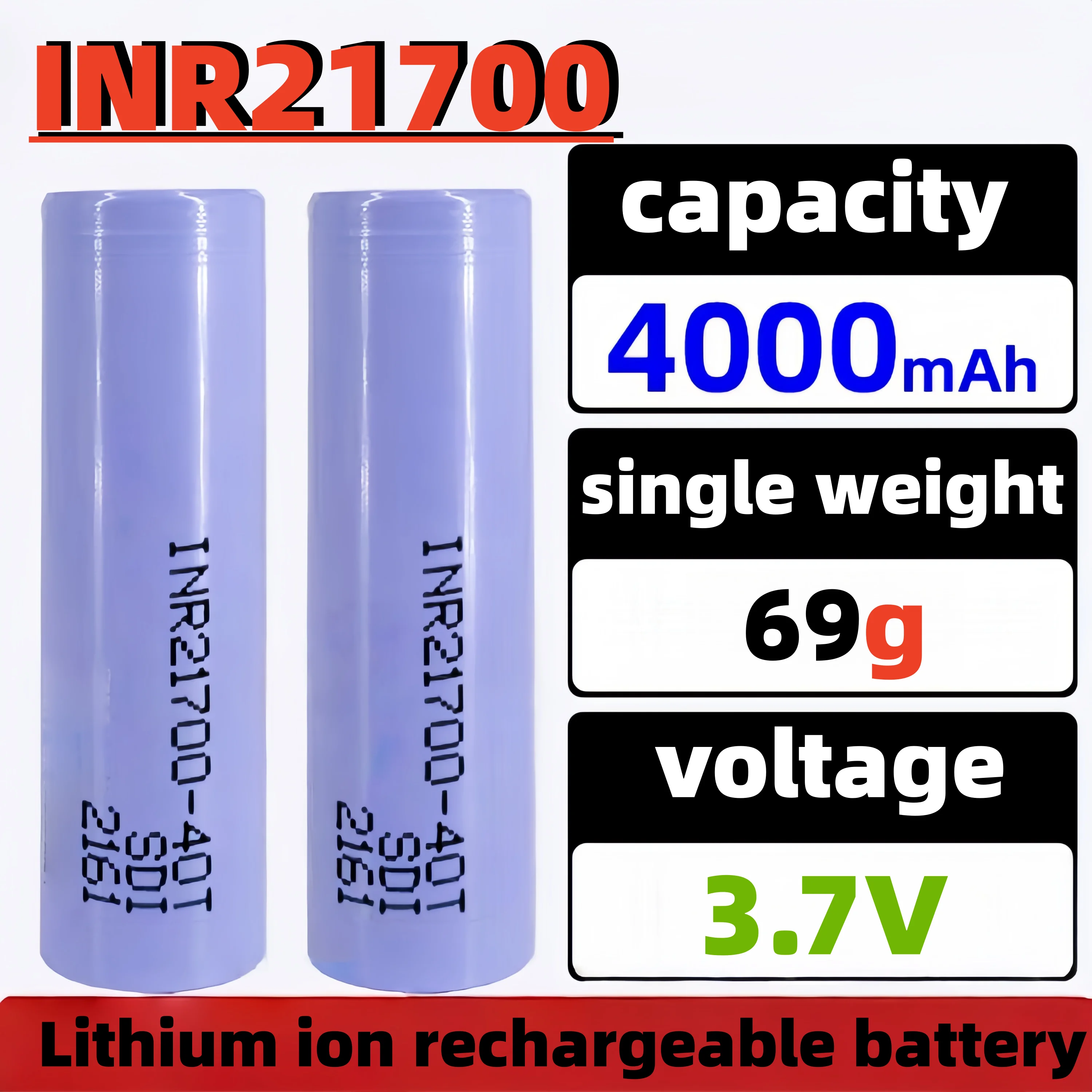 3,7V 21700 Lithium-Ionen-Akku 4000mAh 40T 30A Hochleistungs-Entladung Hochkapazitäts-Akku 70g