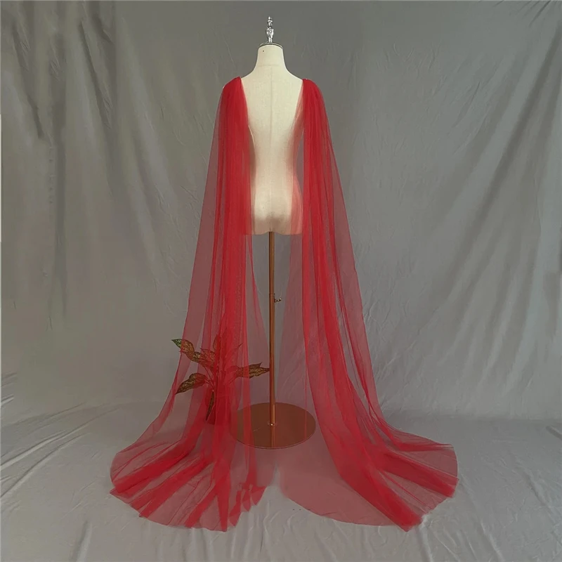 2Pcs Bridal Wedding Draped Shoulder Wings Veils Red Tulle Cathedral Long Accessories Photography Outdoor For Brides White Ivory