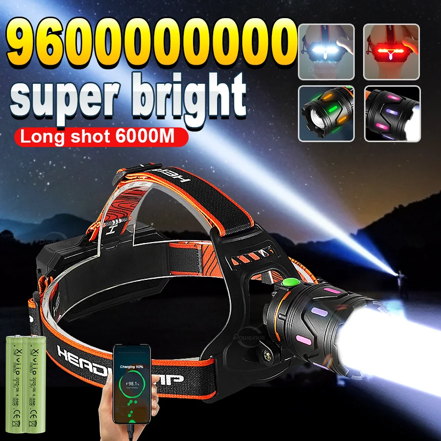 

Мощный налобный фонарь 9600000000LM, перезаряжаемый, COB, с зумом, для рыбалки, 18650, ультраяркий