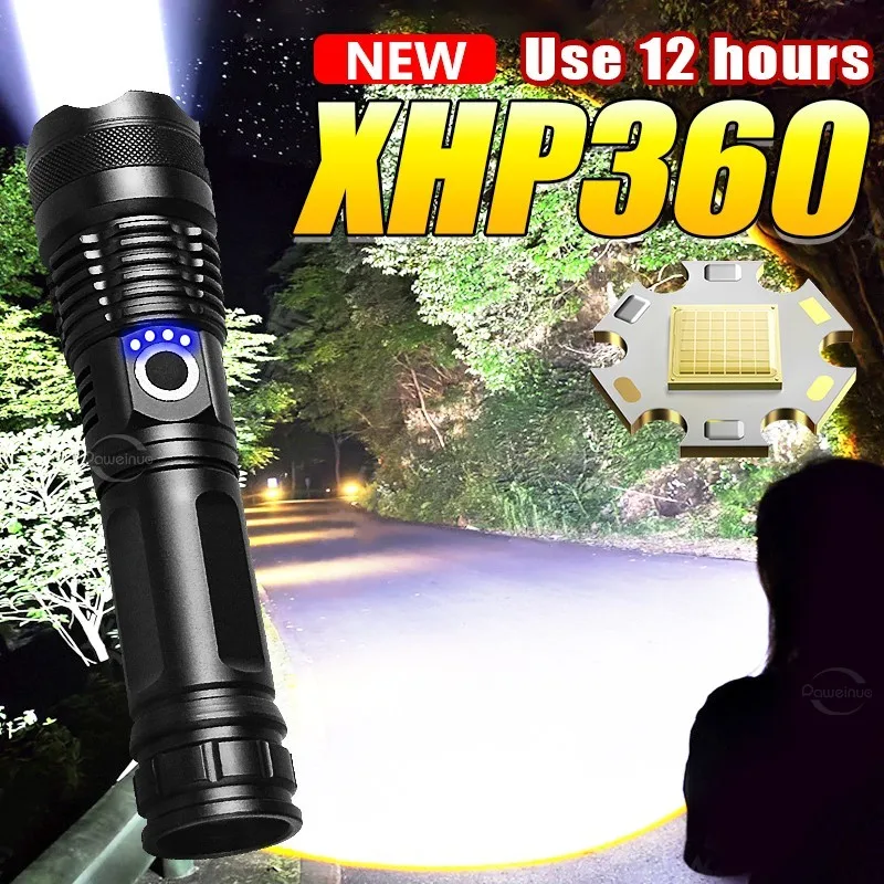 Most Powerful XHP360 LED Flashlight 18650 Rechargeable USB Torch Light XHP90 Flashlights High Power Long Range Tactical Lantern